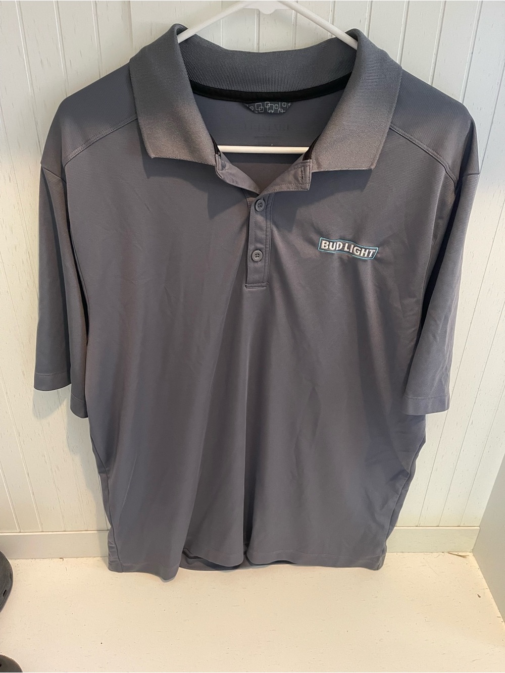 Bud Light Beer Polo Shirt Men’s L Gray Embroidered Logo Performance Golf